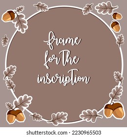 Autumn round frame with seasonal leaves and acorns on a complex purple-brown background. Modern vector illustration. All objects are isolated