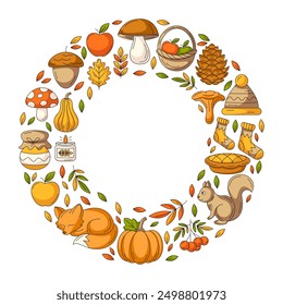 Autumn round frame with space for text in the middle. Cozy seasonal fall elements, food, clothes and animals. Vector flat illustration for greeting card, postcard, invitation, social media, poster