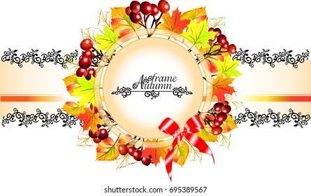 Autumn round frame with vector monograms and patterns. Label for goods. Background for the autumn poster, leaflets, stickers, business cards. Leaves of birch, maple, red berries.