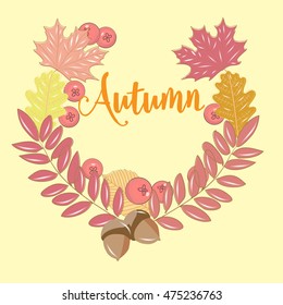 Autumn round frame. The wreath in a decorative style with the words "Autumn". The falling autumn leaves. Vector
