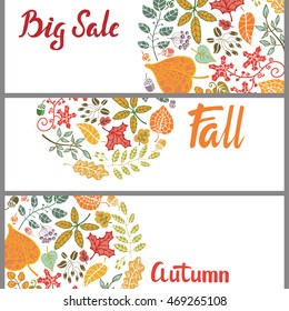 Autumn round full leaves banners.Sale Lettering.Vector autumnal leaves circle compositions. Background,hand drawn titles.Fall design elements. Template,illustration for web and print.horizontal