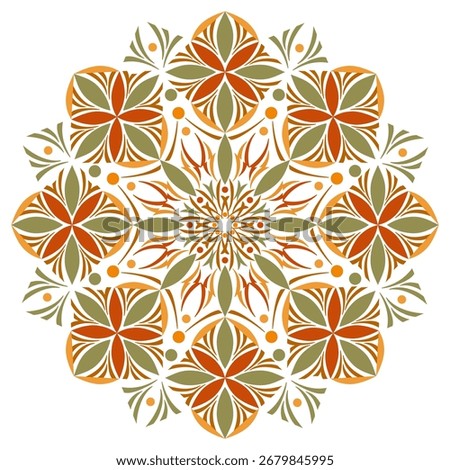 Autumn round mandala vector illustration. Seasonal pattern in autumnal colors. Folklore ornament with leaves and lines. Ethnic decor for clothes, home, office, stationery