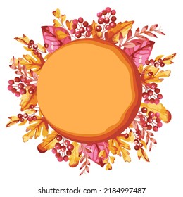 Autumn round orange banner with orange leaves on white background. Vector illustration for price off poster or voucher design.