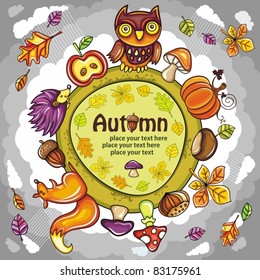 Autumn round planet with cute animals, leaves, mushrooms and other autumnal design elements. you can place your  text inside of the round frame.