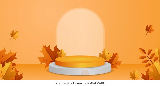 Autumn round podium with a matte transparent display against the background of falling leaves