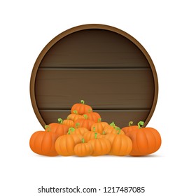 autumn round wooden sign with vector orange pumpkins isolated on white background. Creative Design template for farm market banners and thanksgiving day backgrounds with pumpkins frame or border 