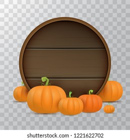 autumn round wooden sign with vector orange pumpkins isolated on transparent background. Creative Design template for farm market banners and thanksgiving day backgrounds with pumpkins frame or border