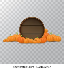 autumn round wooden sign with vector orange pumpkins isolated on transparent background. Creative Design template for farm market banners and thanksgiving day backgrounds with pumpkins frame or border