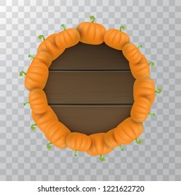 autumn round wooden sign with vector orange pumpkins isolated on transparent background. Creative Design template for farm market banners and thanksgiving day backgrounds with pumpkins frame or border