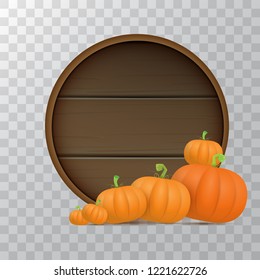 autumn round wooden sign with vector orange pumpkins isolated on transparent background. Creative Design template for farm market banners and thanksgiving day backgrounds with pumpkins frame or border