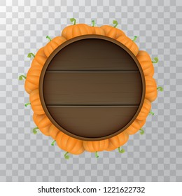 autumn round wooden sign with vector orange pumpkins isolated on transparent background. Creative Design template for farm market banners and thanksgiving day backgrounds with pumpkins frame or border