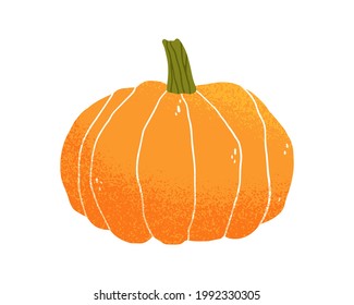 Herbstliche, runde Kürbis mit Stiel. Herbst-Orangenquash. Autumnal Gourd. Gemüsesaison. Farbige, flache strukturierte Vektorgrafik einzeln auf weißem Hintergrund