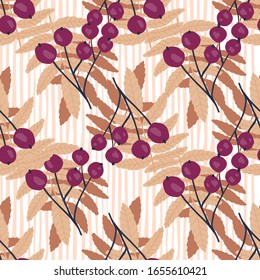 Autumn rowan berry and leaf seamless pattern. Floral backdrop. Botanical wallpaper. Textile print design. Design for fabric, textile print, wrapping paper, kitchen textiles. Vector illustration