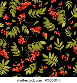 Autumn Rowan berry Seamless Background. Floral Fall Pattern with Leaves and Berries in Vector