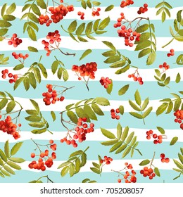 Autumn Rowan berry Seamless Background. Floral Fall Pattern with Leaves and Berries in Vector
