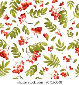 Autumn Rowan Berry Seamless Background. Floral Fall Pattern with Leaves and Berries in Vector