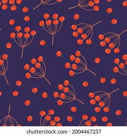Autumn rowan berry seamless pattern. Can be used as wrapping paper, wallpaper, fabric or textile print. Stock vector illustration in flat cartoon style on blue background.