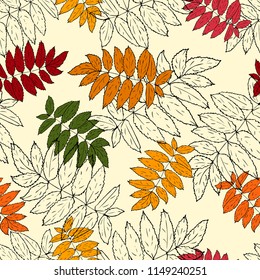 Autumn rowan leaves foliage seamless pattern, background for wallpapers, textiles, papers, fabrics, web pages. Leaf ornament, vintage style.