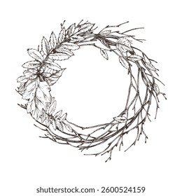 Autumn rowan leaves, maple, birch, tree branches and ladybugs. For decorating summer, autumn, harvest. Graphic line art hand drawn with black ink. Round wreath, frame, template for text.