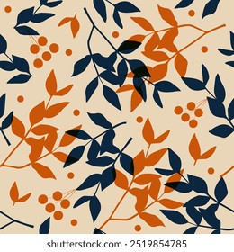 Autumn rowan leaves pattern. Falling leaf and berries seamless background