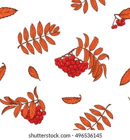 Autumn rowanberry leaves and berries. Detailed intricate hand drawing. Chaotic distribution of elements. Red on white seamless pattern. EPS10 vector illustration.