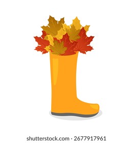 Bota de goma de otoño llena de hojas de arce de otoño. Fondo de otoño. Ilustración vectorial