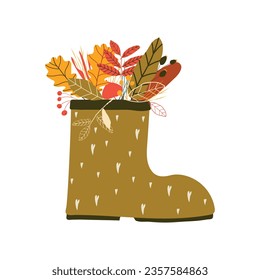 Autumn. Rubber boots with bright autumn leaves inside. Vector illustration. Flat design.