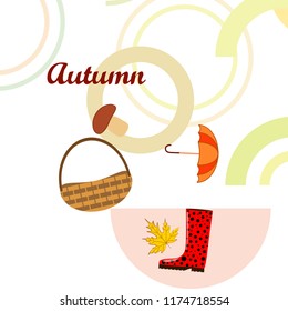autumn rubber boots fallen leaf basket mushroom autumnal vector background