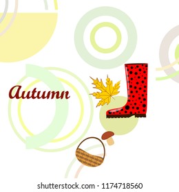 autumn rubber boots fallen leaf basket mushroom autumnal vector background