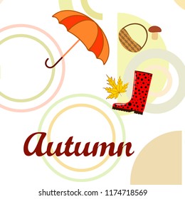 autumn rubber boots fallen leaf basket mushroom autumnal vector background