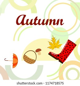 autumn rubber boots fallen leaf basket mushroom autumnal vector background