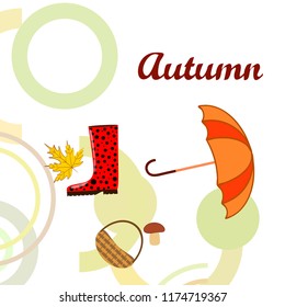 autumn rubber boots fallen leaf basket mushroom autumnal vector background