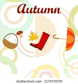 autumn rubber boots fallen leaf basket mushroom autumnal vector background