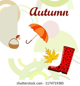 autumn rubber boots fallen leaf basket mushroom autumnal vector background