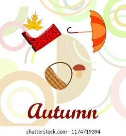 autumn rubber boots fallen leaf basket mushroom autumnal vector background