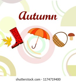 autumn rubber boots fallen leaf basket mushroom autumnal vector background