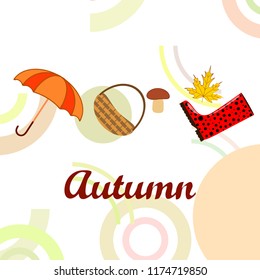 autumn rubber boots fallen leaf basket mushroom autumnal vector background