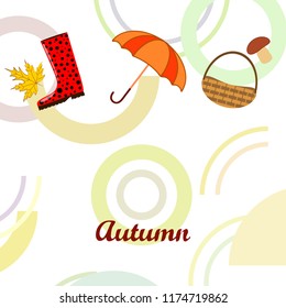 autumn rubber boots fallen leaf basket mushroom autumnal vector background