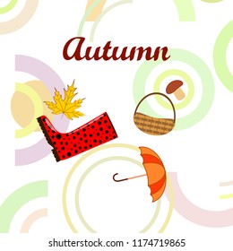 autumn rubber boots fallen leaf basket mushroom autumnal vector background
