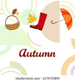 autumn rubber boots fallen leaf basket mushroom autumnal vector background
