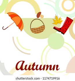 autumn rubber boots fallen leaf basket mushroom autumnal vector background