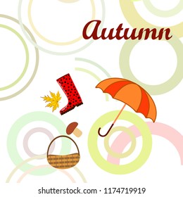 autumn rubber boots fallen leaf basket mushroom autumnal vector background
