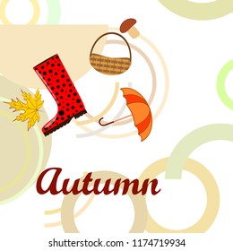 autumn rubber boots fallen leaf basket mushroom autumnal vector background