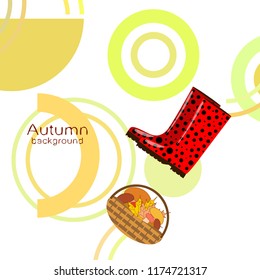 autumn rubber boots fallen leaf basket mushroom autumnal vector background