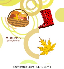 autumn rubber boots fallen leaf basket mushroom autumnal vector background