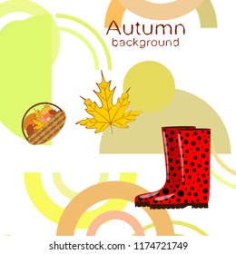 autumn rubber boots fallen leaf basket mushroom autumnal vector background