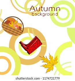 autumn rubber boots fallen leaf basket mushroom autumnal vector background