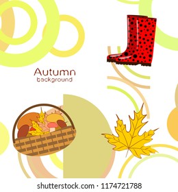 autumn rubber boots fallen leaf basket mushroom autumnal vector background