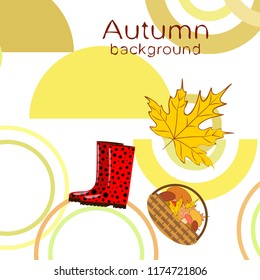 autumn rubber boots fallen leaf basket mushroom autumnal vector background