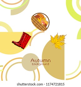 autumn rubber boots fallen leaf basket mushroom autumnal vector background